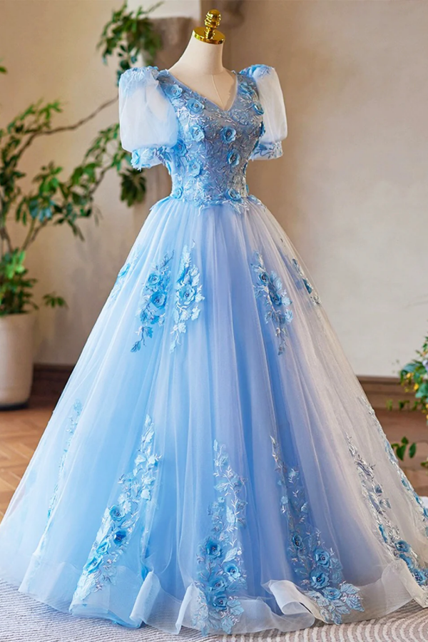 blue dress for baby girl Blue Tulle Flowers Long Prom Dress, Lovely A-Line Puff Sleeve Evening