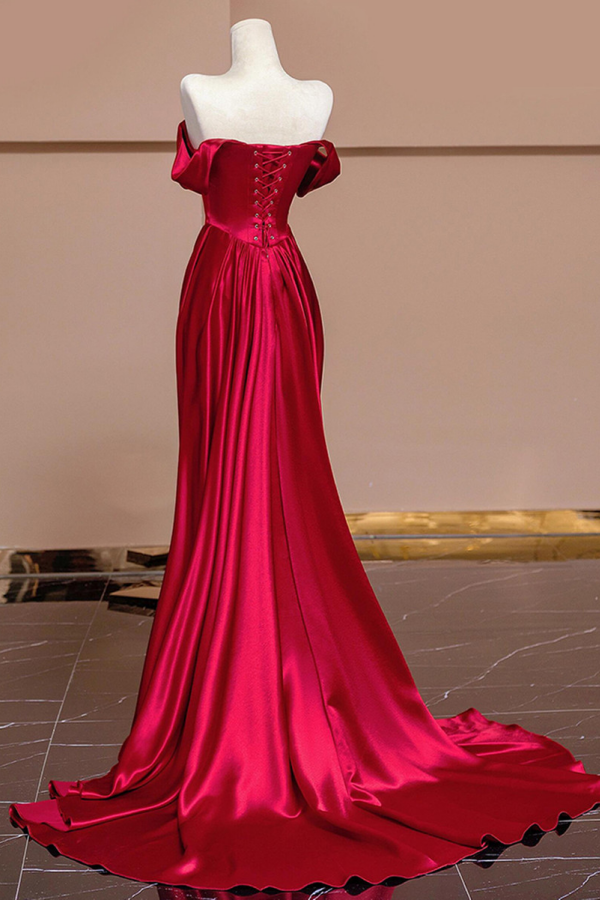 Wine Red Satin Off Shoulder Evening Dress, Wine Red Long Party Dress P –  Promfast