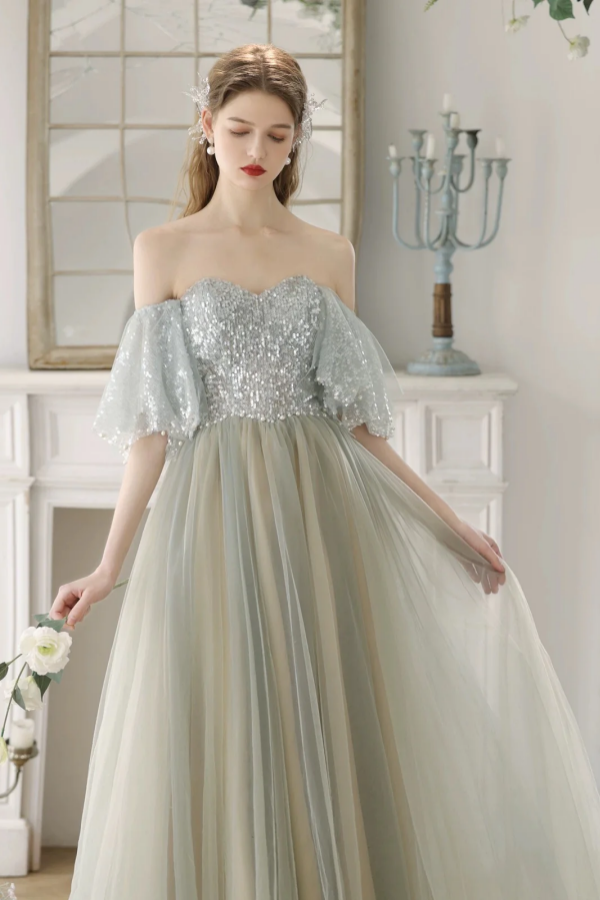 A Line Tulle Sequin Light Green Long Prom Dress, Light Green Long Form –  Promfast