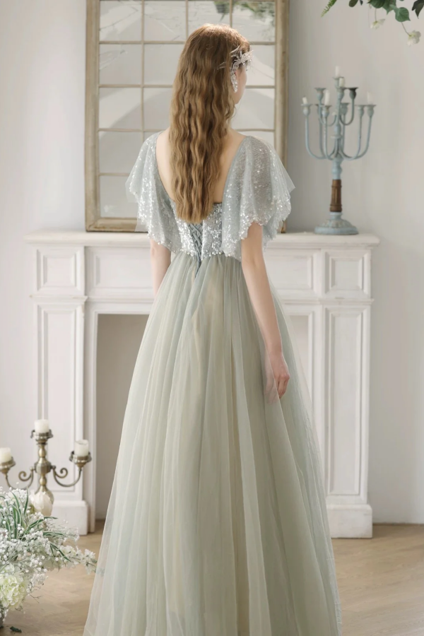A Line Tulle Sequin Light Green Long Prom Dress, Light Green Long Form –  Promfast