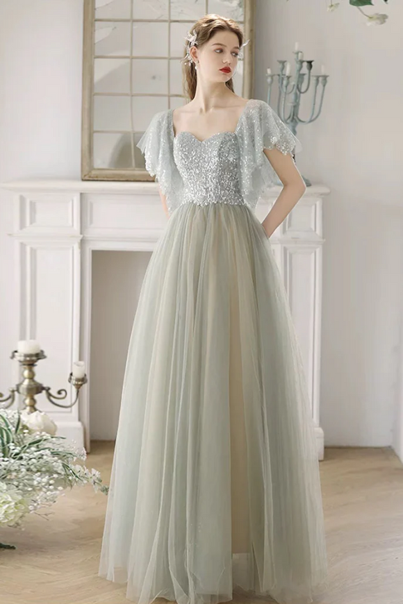 A Line Tulle Sequin Light Green Long Prom Dress, Light Green Long Form Promfast A Line Tulle Sequin Light Green Long Prom Dress, Light Green Long Form Promfast