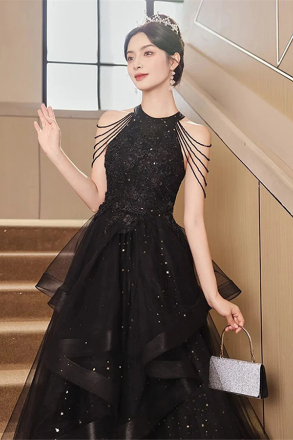 Black Halter Tulle Layers Long Formal Dress, Black Tulle Prom Dress PF –  Promfast