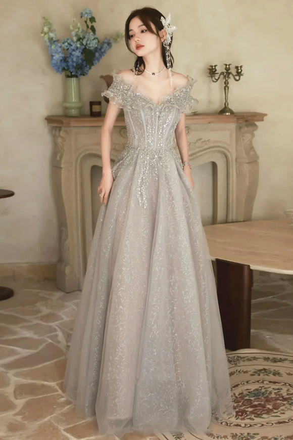 Cute A Line Light Grey Off Shoulder Shiny Tulle Prom Dress, Light Grey – Promfast
