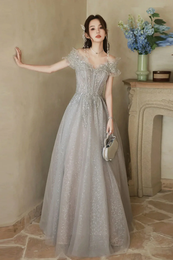 green emerald velvet dress Gray Sweetheart A-Line Tulle Lace Long Prom Dress, Gray Evening Dress Custom Size / Gray