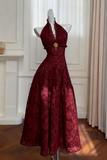 Wine Red Lace Halter Floor Length Prom Dress, Evening Formal Dress PFP2908