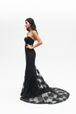 Black strapless mermaid lace prom dress with sweetheart neckline and sheer lace train