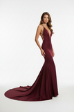 Deep burgundy V-neck spaghetti strap mermaid prom dress with criss-cross open back and long train