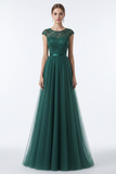 Emerald green A-line prom dress with lace cap sleeves, jewel neckline and flowing tulle skirt