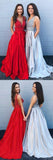 Cheap A-line Deep V Neck Beading Backless Long Prom Dress With Pockets PFP0005