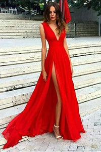 Sexy V-neck Red Split Prom Dresses,Simple Slit Sexy Party Dresses PFP0001