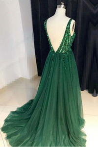 Sexy V-nevk V-back Green Tulle Evening Dresses,Cheap Long A Line Prom Dresses