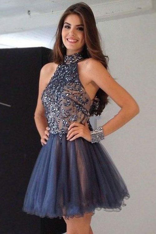 Cheap Short High Neck A-Line Beading Tulle Homecoming Dresses PFH0093