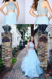 Fashion Two Pieces Light Blue Lace Tulle Ruffles A-line Prom Dress For Teens PFP0794