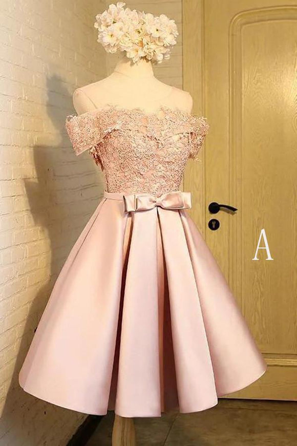 Off the Shoulder Short Prom Dress,A Line Appliques Bow-knot Homecoming Dress PFH0094