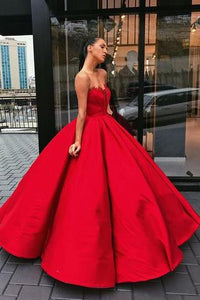 Charming Red Sweetheart Strapless Satin Ball Gown Prom Dresses