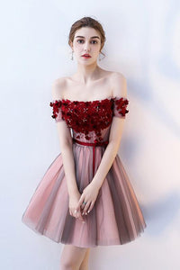 A Line Strapless Red Flowers Short Tulle Homecoming Dresses PFH0096