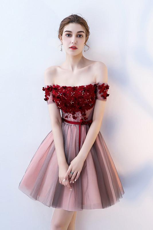 A Line Strapless Red Flowers Short Tulle Homecoming Dresses PFH0096 Promfast A Line Strapless Red Flowers Short Tulle Homecoming Dresses PFH0096 Promfast