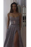 Lace Scoop Sleeveless Spaghetti Straps Sexy Prom Dress,Long Evening Dress with Split PFP0797