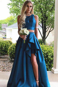 Two Pieces A-line Blue Sleeveless Slit Long Prom Dress,Woman Evening Dress