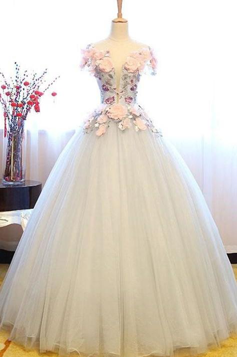 White Princess Deep V Neck Flowers Cap Sleeve Long Ball Gown Prom Dresses, Quinceanera Dress 