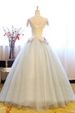 White Princess Deep V Neck Flowers Cap Sleeve Long Ball Gown Prom Dresses, Quinceanera Dress PFP0799