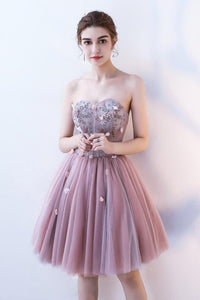 A Line Strapless Flowers Short Tulle Homecoming Dresses,Cocktail Dress PFH0097