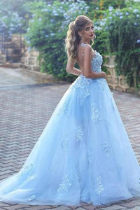 Light Blue Lace Appliques Ball Gown Prom Dress,Princess Prom Dress