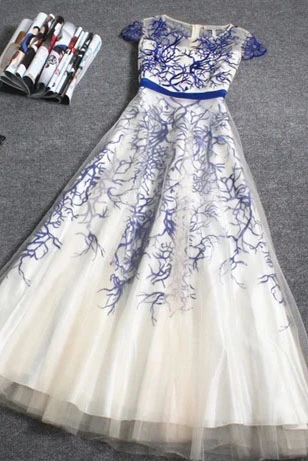 Promfast Beautiful Embroidery A-line Cap Sleeves Tulle Long Prom Dress Evening Dress PFP1829