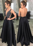 Black Deep V Neck Beading Prom Dress, A Line Evening Dresses With Pockets PFP0497