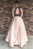 High Neck Blush A Line Black Lace Sleeveless Prom Dress With Pockets PFP0801