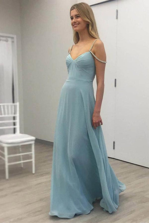 Sexy Blue Open Back Chiffon Long Prom Dress,Simple Sleeveless Evening Dress