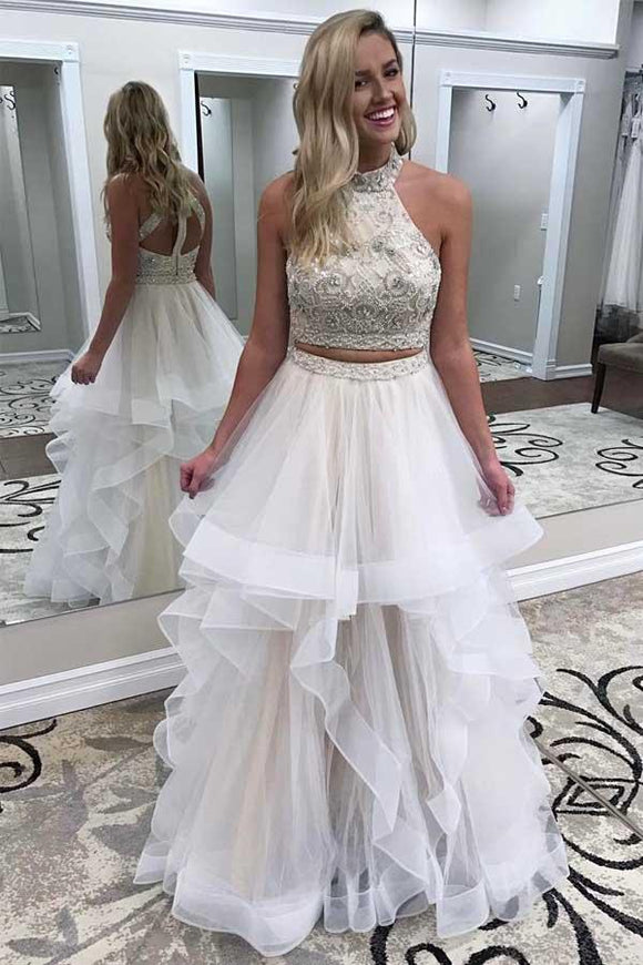 Two Piece Off White High Neck Prom Dress, Cheap A Line Evening Dresses