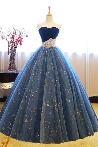 Blue Sweetheart Tulle Long Prom Dress,Ball Gown,Sweet 16 Dress