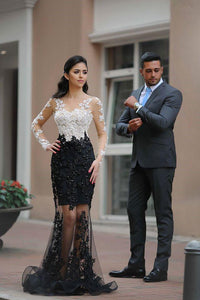 Mermaid Long Sleeve Black White Lace Applique Prom Dresses,Formal Grad Promfast Mermaid Long Sleeve Black White Lace Applique Prom Dresses,Formal Grad Promfast