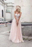 Beautiful A-Line Sweetheart Strapless Tulle Pearl Pink Long Prom Dress with Appliques 