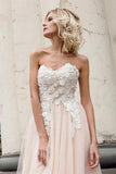 Beautiful A-Line Sweetheart Strapless Tulle Pearl Pink Long Prom Dress with Appliques PFP0810