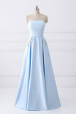 Simple A-line Strapless Long Crystal Light Blue Cheap Prom Dresses with Pocket