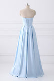 Simple A-line Strapless Long Crystal Light Blue Cheap Prom Dresses with Pocket PFP0815