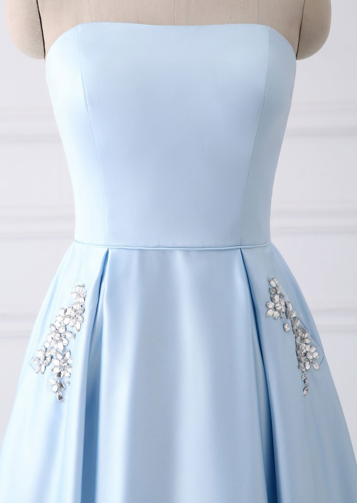 Simple A-line Strapless Long Crystal Light Blue Cheap Prom Dresses wit   Promfast