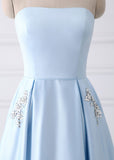 Simple A-line Strapless Long Crystal Light Blue Cheap Prom Dresses with Pocket PFP0815
