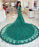 Elegant Long Sleeves V-neck Green Lace Mermaid Prom Dresses 2019 PFP0817