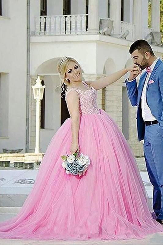 Pink Tulle Sweetheart Beading Sleeveless Ball Gown Long Plus Size Prom Dress
