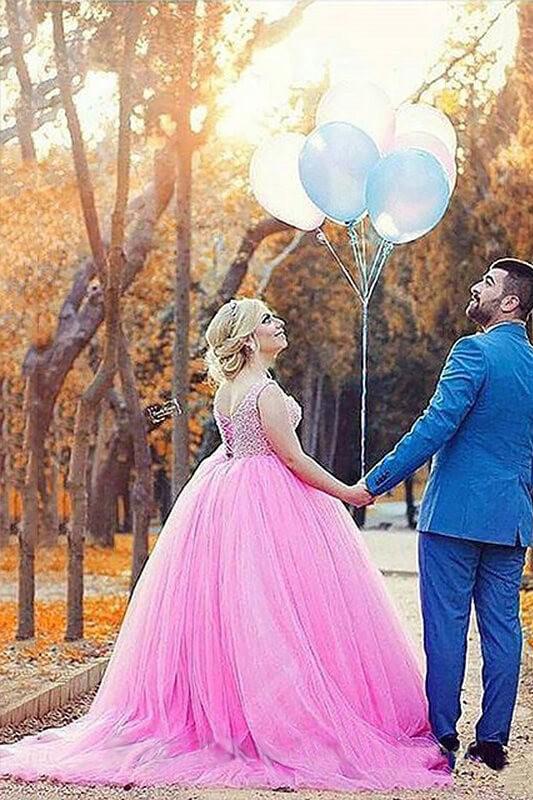 Ball Gown Sweetheart Pink Tiered Tulle Prom Dress VK23102305