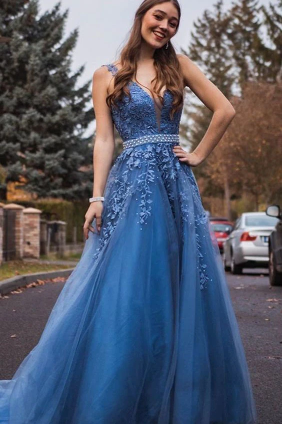 Promfast A Line Blue Long Beaded Prom Dresses, Formal Lace Appliques Prom Gowns PFP1830