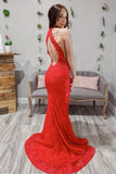 Red Lace Sheath Open Back Prom Dress, Mermaid Evening Dresses PFP0499