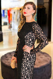 Black Lace Bateau Sheath Long Backless Plus Size Prom Dress PFP0822