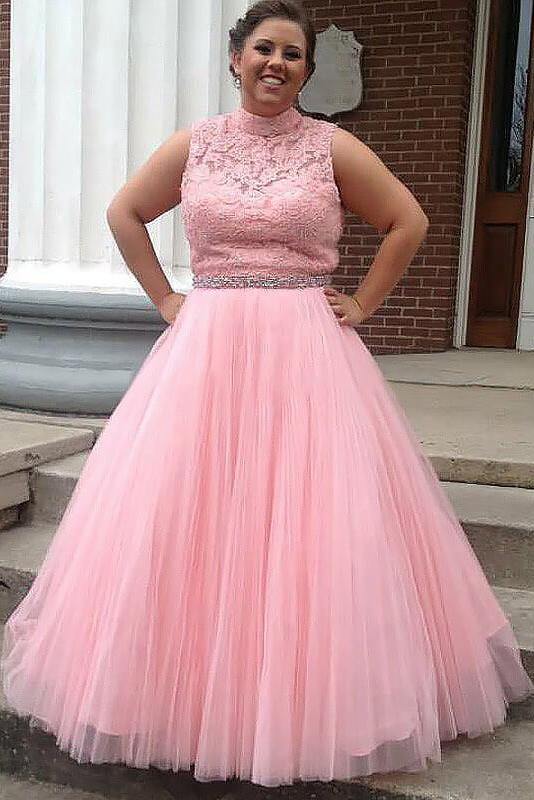 Pink Tulle High Neck Long Beading Plus Size Prom Dress With Lace Top – Promfast