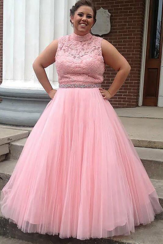 Pink Tulle High Neck Long Beading Plus Size Prom Dress With Lace Top P Promfast Pink Tulle High Neck Long Beading Plus Size Prom Dress With Lace Top P Promfast