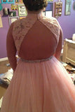 Pink Tulle High Neck Long Beading Plus Size Prom Dress With Lace Top PFP0823