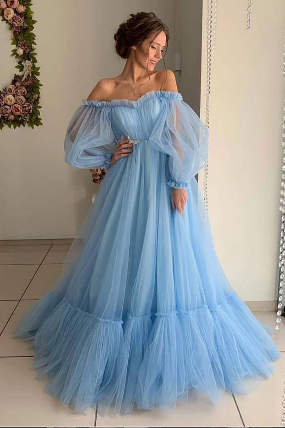 Sky Blue Tulle Off the Shoulder Long Prom Dress, Elegant Evening Dresses